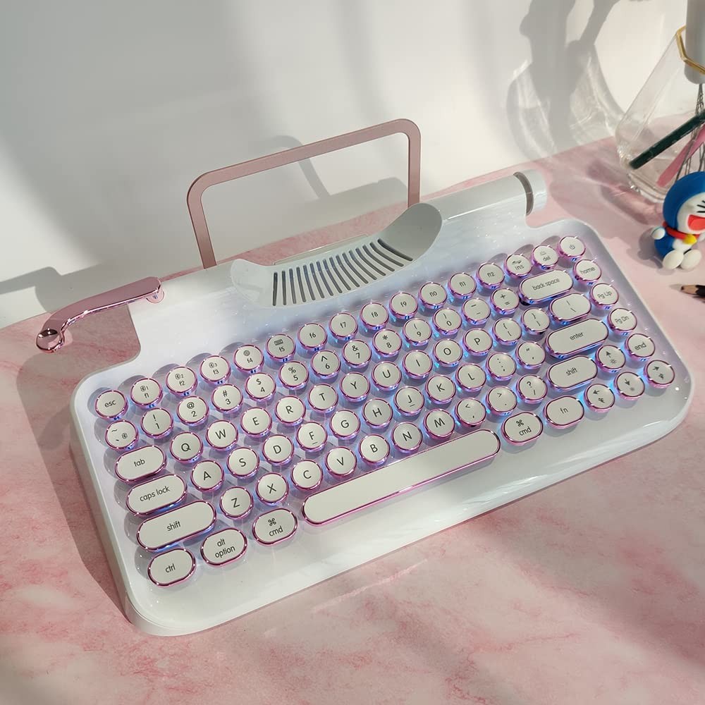 RYMEK Typewriter Style Mechanical Wired Wireless Keyboard with Tablet Stand and Bluetooth Connectivity (White)