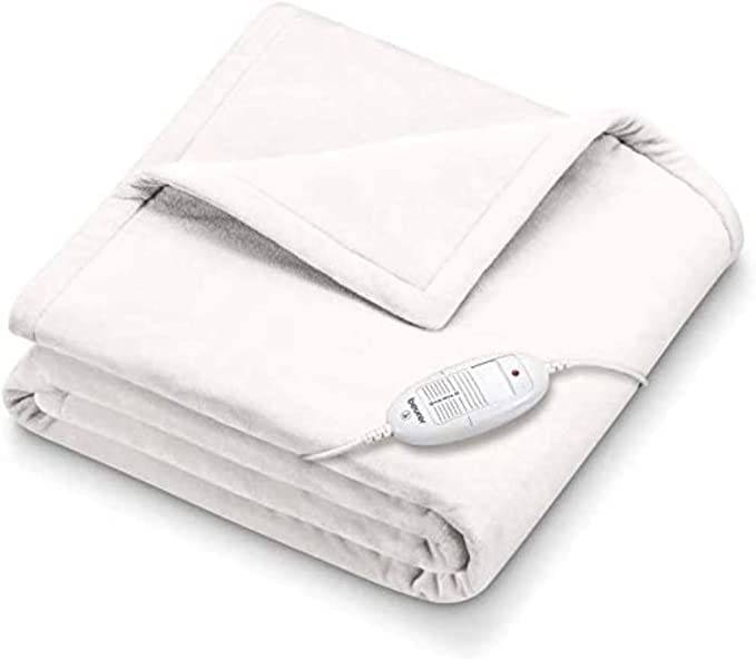 Beurer HD75UK electric throw pillow for sofas and beds, breathable and heated throw pillow, super soft wool fiber, automatic shut off, machine washable, 6 temperature settings, 180 x 130 cm white